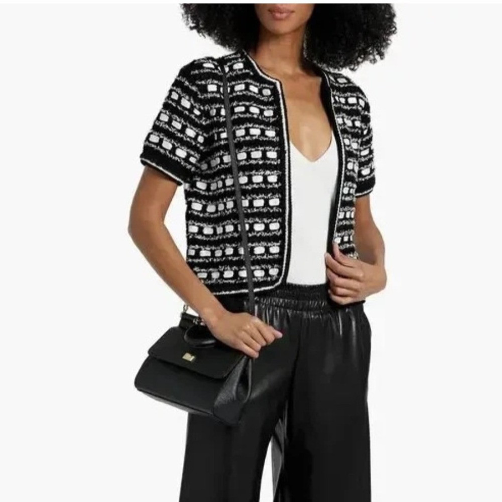 NWT Alice + Olivia Marjorie Textured Tweed Black White Short Sleeve Cardigan L